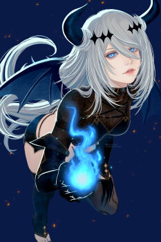 1girl a2_(nier:automata) alternate_costume black_wings blue_eyes demon_horns halloween halloween_costume highres horns long_hair looking_at_viewer mitsuki_nite nier:automata nier_(series) white_hair wings