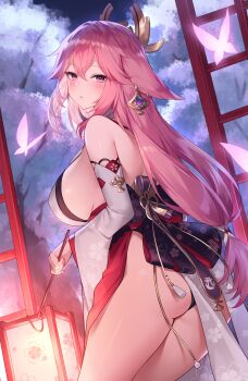 1girl animal_ears ass bare_shoulders black_panties blush breasts cherry_blossoms detached_sleeves earrings fox_ears genshin_impact hair_ornament highres japanese_clothes jewelry kimono lantern large_breasts long_hair looking_at_viewer low-tied_long_hair necklace night panties pendant pink_hair purple_eyes red_skirt shirt sideboob sidelocks skirt sleeveless sleeveless_shirt sora_72-iro thighs underwear very_long_hair white_shirt wide_sleeves yae_miko