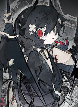 Rule 34 | 1girl, absurdres, bandaged fingers, bandages, black hair, black hands, black horns, black ribbon, black shirt, black wings, collared shirt, colored extremities, commentary, demon girl, demon horns, demon tail, demon wings, gauze, gauze on cheek, hair between eyes, hand up, highres, horns, long hair, long sleeves, neck ribbon, open mouth, original, puritan collar, red eyes, ribbon, shirt, sleeves past wrists, smile, solo, soresaki, tail, variant set, wings