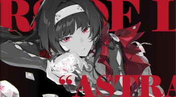 1girl absurdres astra_yao black_hair blunt_bangs character_name crystal diamond_(gemstone) earrings english_text gem greyscale_with_colored_background hairband highres holding jewelry limited_palette long_hair long_sleeves looking_at_viewer mindscape_cinema_(zenless_zone_zero) necklace official_art parted_lips red_background red_eyes red_theme solo spot_color text_background upper_body white_hairband zenless_zone_zero