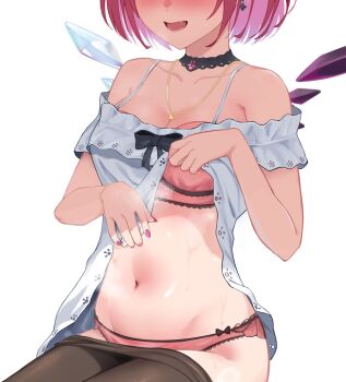 1girl bare_shoulders black_pantyhose blush bra breasts cleavage clothes_lift clothes_pull cowboy_shot eyes_out_of_frame fang head_out_of_frame highres hololive hololive_english irys_(hololive) jewelry medium_breasts navel open_mouth panties pantyhose pantyhose_pull pendant pink_bra pink_panties purple_hair shift_(shiftillust) shirt_lift short_hair simple_background sitting solo spaghetti_strap underwear virtual_youtuber white_background