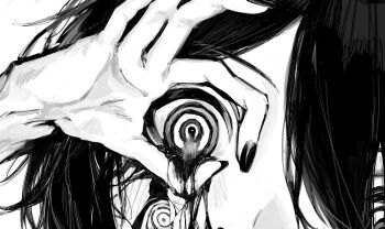 1boy androgynous close-up commentary cracked_skin dripping_eye empty_eyes english_commentary extra_eyes eye_focus greyscale hand_up head_tilt highres liquid looking_at_viewer mashiro_meme messy_hair minuma_(nrp_ga) monochrome mouth_out_of_frame multicolored_eyes nail_polish nijisanji ok_sign ok_sign_over_eye ringed_eyes solo virtual_youtuber wide-eyed