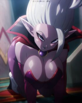 1girl all_fours breasts cape cleavage colored_skin crawling demon_girl dindakai dr._arinsu dragon_ball dragon_ball_daima floating_hair highres jewelry large_breasts looking_at_viewer makeup pointy_ears purple_eyes purple_skin seductive_smile shiny_skin smile white_hair