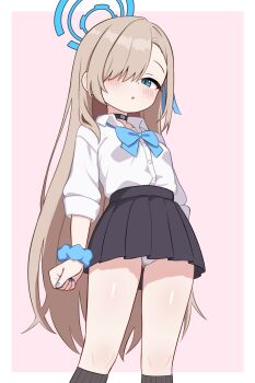 1girl aged_down alternate_breast_size_(smaller) asuna_(blue_archive) asuna_(school_uniform)_(blue_archive) black_choker black_skirt blue_archive blue_bow blue_bowtie blue_eyes blue_halo blue_nails border bow bowtie brown_hair choker collared_shirt feet_out_of_frame hair_over_one_eye halo highres io9 loli long_hair looking_at_viewer panties pantyshot pink_background scrunchie shirt shirt_tucked_in skirt solo underwear very_long_hair white_border white_panties white_shirt wrist_scrunchie