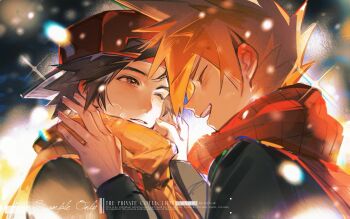 Rule 34 | 2boys, absurdres, baseball, black jacket, blue oak, breath, brown hair, closed eyes, fiy1827565, hat, highres, jacket, male focus, multiple boys, nintendo, one eye closed, open mouth, orange scarf, pokemon, portrait, red (pokemon), red hat, red scarf, scarf, short hair, smile, snow, sparkle, spiked hair, teeth, winter