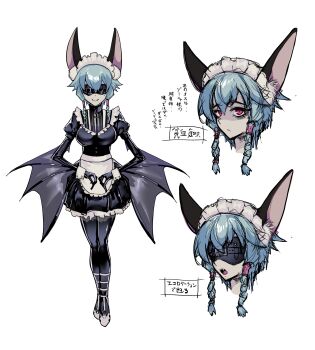 1girl animal_ear_fluff animal_ears apron bat_ears bat_girl bat_wings black_bodysuit blindfold blue_hair bodysuit bodysuit_under_clothes braid breasts collar commentary_request dress fangs fewer_digits frilled_apron frilled_dress frills highres latex latex_bodysuit latex_dress looking_at_viewer maid maid_apron maid_headdress medium_breasts medium_hair original pale_skin pink_eyes puffy_sleeves ryuu_tou shiny_clothes twin_braids white_background winged_arms wings