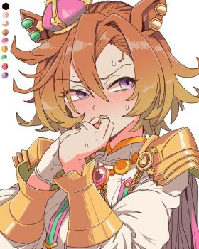 1girl ahoge animal_ears armor blush breasts cape covering_own_mouth crown ear_ornament ear_piercing embarrassed fingerless_gloves gloves gold hair_between_eyes horse_ears horse_girl jewelry long_sleeves looking_at_viewer mini_crown multiple_rings orange_hair piercing pink_cape pink_crown purple_eyes ring shirt short_hair shoulder_armor simple_background single_fingerless_glove single_glove solo sweat t.m._opera_o_(o_sole_suo!)_(umamusume) t.m._opera_o_(umamusume) toriga_naku umamusume upper_body white_background white_gloves white_shirt