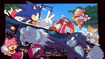 1girl 4boys amy_rose angry blue_eyes blue_sky chip_(sonic) claws closed_eyes dr._eggman eyelashes facial_hair food frown furry furry_male furry_with_non-furry glasses gloves green_eyes heart highres ice_cream interspecies looking_at_viewer medallion multiple_boys mustache night night_sky non-humanoid_robot open_mouth orbot other_subject1 own_hands_together robot round_eyewear sky smile sonic_(series) sonic_the_hedgehog sonic_the_werehog sonic_unleashed split_theme extendable_limbs sundae tails_(sonic) v