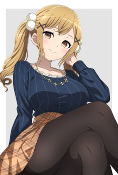 1girl bang_dream! black_pantyhose blue_sweater blush border braid breasts brown_eyes brown_hair brown_skirt closed_mouth commentary_request crossed_legs grey_background highres ichigaya_arisa jewelry large_breasts long_sleeves necklace noshimurin outside_border pantyhose plaid_clothes plaid_skirt simple_background skirt solo sweater thighband_pantyhose twin_braids white_border
