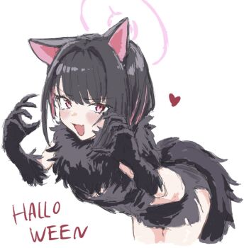 Rule 34 | 1girl, :d, animal ears, black gloves, black hair, blue archive, blush, breasts, cat ears, cat girl, claw pose, commentary request, cowboy shot, dejigura, elbow gloves, fake claws, fake tail, formal clothes, fur-trimmed gloves, fur trim, gloves, halloween, halo, highres, kazusa (blue archive), kazusa (halloween) (blue archive), leaning forward, medium breasts, midriff, official alternate costume, open mouth, red eyes, short hair, simple background, smile, suit, tail, thick thighs, thighs, wolf tail