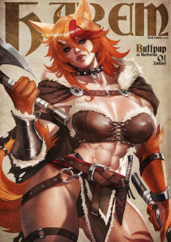 abs absurdres animal_ears armor axe barbarian buffpup_(vtuber) cloak collar cover dual_wielding earrings fake_magazine_cover fangs fur_trim green_eyes highres holding holding_axe jewelry knife leather_armor leg_tattoo loincloth long_hair magazine_cover monori_rogue multicolored_hair muscular muscular_female orange_fur orange_hair red_hair single_earring single_vambrace tail tattoo vambraces virtual_youtuber wolf_ears wolf_girl wolf_tail