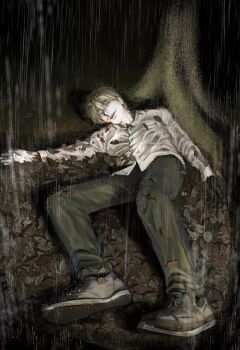 1boy blonde_hair blood blood_on_arm blood_on_clothes bui-bui collared_shirt crazy_smile dark dirty_footwear facial_hair full_body goatee_stubble green_pants hair_between_eyes highres hikaru_ga_shinda_natsu leaf long_sleeves looking_at_viewer lying male_focus nose nosebleed on_back on_ground open_mouth outdoors pants rain realistic_teeth shirt shoe_soles shoes smile solo stubble tanaka_(hikaru_ga_shinda_natsu) teeth tree white_shirt