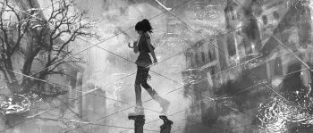 1girl alternate_costume animification artist_request bare_tree building chinese_commentary commentary commission full_body grey_theme highres holding holding_umbrella long_hair ninjago nya_(ninjago) open_clothes open_vest outdoors ponytail puddle rain reflection reflection_focus ripples second-party_source short_sleeves shorts skirt solo tree umbrella vest walking water