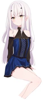 Rule 34 | 1girl, absurdres, bare shoulders, blue dress, blush, breasts, brown eyes, brown sleeves, closed mouth, collarbone, commentary request, cropped legs, detached sleeves, dress, fate/grand order, fate (series), frilled dress, frills, grey hair, highres, long hair, long sleeves, looking at viewer, melusine (fate), puffy long sleeves, puffy sleeves, riya (01214), simple background, sitting, small breasts, solo, very long hair, white background