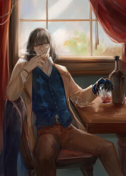 1boy bespectacled blue_vest brown_pants commentary cup english_commentary fate/grand_order fate_(series) glasses grey_hair highres holding holding_cup indoors long_sleeves male_focus oberon_(fate) oberon_(third_ascension)_(fate) pants renrenka_noi shirt short_hair sitting smoke smoking solo spread_legs table vest white_shirt window