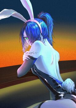 1girl alternate_costume animal_ear_hairband animal_ears back backless_leotard black_leotard black_thighhighs blue_background blue_hair commentary fake_animal_ears fake_tail girls&#039;_frontline green_eyes hair_over_one_eye hairband leotard looking_at_viewer mac-10_(girls&#039;_frontline) orange_background playboy_bunny ponytail qing_ren rabbit_ear_hairband rabbit_ears rabbit_tail sitting solo stitched_arm stitches strapless strapless_leotard tail thighhighs
