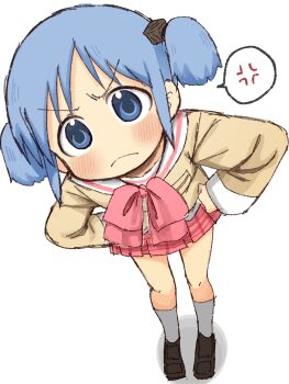 1girl anger_vein angry ankle_socks blue_eyes blue_hair blush bow bowtie commentary_request frown highres image_in_speech_bubble looking_at_viewer naganohara_mio naganoharamiomio nichijou pink_bow pink_bowtie pink_skirt sailor_collar school_uniform shadow short_hair short_twintails simple_background skirt socks speech_bubble tokisadame_school_uniform twintails white_background white_sailor_collar white_socks