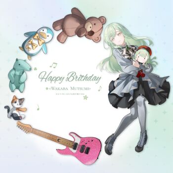 1girl 7-string_guitar absurdres bang_dream! bang_dream!_it's_mygo!!!!! black_shoes character_name chinese_commentary closed_mouth commentary_request dress extended_range_guitar green_hair grey_dress grey_pantyhose guitar happy_birthday high_heels highres instrument long_hair long_sleeves maoerduo_meow mortis_(bang_dream!) mortis_(costume)_(bang_dream!) pantyhose shoes stuffed_animal stuffed_cat stuffed_penguin stuffed_toy teddy_bear wakaba_mutsumi wakaba_mutsumi_(doll) yellow_eyes
