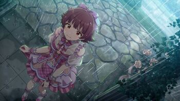 1girl bow brown_eyes brown_hair closed_mouth commentary_request detached_sleeves dress from_above game_cg hair_bow idolmaster idolmaster_million_live! idolmaster_million_live!_theater_days looking_ahead nonohara_akane official_art outdoors pink_bow pink_dress puffy_detached_sleeves puffy_sleeves rain sad short_hair skirt_hold solo standing third-party_source white_sleeves