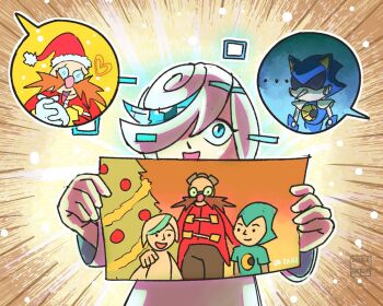 ... 1girl 2boys :d ai-generated_art_(topic) artist_name blue_eyes blue_streaks christmas commentary dorefatum dr._eggman drawing_(object) dress english_commentary facial_hair glasses hair_over_one_eye happy hat heart holding holding_drawing long_sleeves metal_sonic multiple_boys mustache open_mouth outline robot round_eyewear sage_(sonic) santa_hat short_hair smile sonic_(series) spoken_character white_dress white_hair white_outline