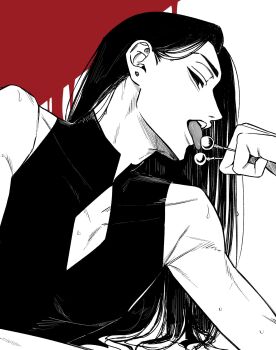 1boy androgynous arm_up cleavage_cutout clothing_cutout collared_shirt commentary_request dutch_angle earrings highres holding holding_needle hunter_x_hunter illumi_zoldyck jewelry long_hair looking_to_the_side male_focus needle piercing shirt sleeveless sleeveless_shirt solo spot_color stud_earrings teeth tongue tongue_out upper_teeth_only yu_(yuririnta)