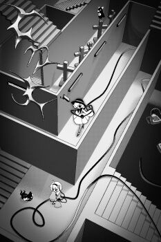 Rule 34 | 2girls, bird, cat, chair, cocokana, commentary, english commentary, greyscale, hairband, hat, highres, kaenbyou rin, kaenbyou rin (cat), komeiji koishi, monochrome, multiple girls, reiuji utsuho, reiuji utsuho (bird), stairs, third eye, tombstone, touhou, wide shot