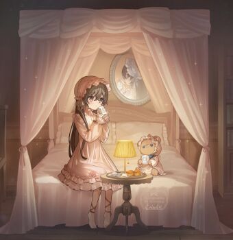 2girls barefoot bed biscuit_(bread) brown_eyes brown_hair canopy_bed child commentary commentary_request cup dress english_commentary food full_body hands_up headdress highres holding holding_cup indoors kaisake_(utp) lamp long_hair looking_at_object mirror mug multiple_girls original parted_lips pillow pink_dress seiran_(sake_(utopia_modoki)) sentient_stuffed_toy shuan_(sake_(utopia_modoki)) siblings sisters sitting solo_focus stuffed_animal stuffed_toy table teddy_bear twins
