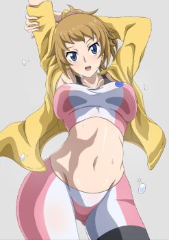 1girl arm_behind_head armpits arms_up bike_shorts blue_eyes blush breasts brown_hair commentary_request gundam gundam_build_fighters gundam_build_fighters_try hoshino_fumina jacket large_breasts legs medium_hair midriff navel open_clothes ponytail safety_kaijo smile solo sports_bra stomach stretching sweat thighs two-tone_sports_bra