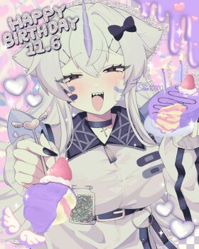 1girl abstract_background absurdres artist_name bandaid bandaid_on_face belt birthday black_belt black_choker black_eyes black_nails cake candle censored censored_identity choker collared_jacket commentary_request cross cross_choker crossed_bangs dated english_text food fruit glitter half-closed_eyes happy_birthday heart heart-shaped_pupils highres holding holding_cake holding_food holding_spoon id_card feeding_viewer jacket lace-trimmed_collar lace_trim looking_at_viewer multiple_bandages o-ring open_mouth original pink_background plate purple_theme scribble_censor senn10000 sharp_teeth silhouette sleeves_past_wrists solo spoon strawberry symbol-shaped_pupils teeth tenshi_kaiwai track_jacket unicorn_girl upper_body wing_print yuni_(senn10000) zipper zipper_pull_tab