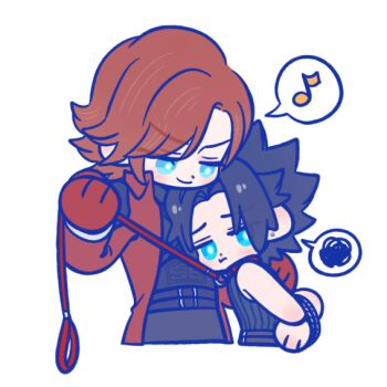 Rule 34 | 105zz, 2boys, ?, animal costume, aqua eyes, arm around shoulder, arms behind back, bare shoulders, belt, black hair, bound, bound arms, brown belt, brown hair, chest strap, chibi, chibi only, coat, commentary request, crisis core: final fantasy vii, cropped torso, earrings, final fantasy, final fantasy vii, genesis rhapsodos, gloves, holding, holding leash, jewelry, leash, looking at another, multiple boys, parted bangs, red coat, red gloves, single earring, sleeveless, sleeveless turtleneck, smile, spoken question mark, spoken squiggle, squiggle, swept bangs, turtleneck, upper body, white background, zack fair