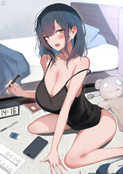 Rule 34 | 1girl, alarm clock, bare legs, bed, bed sheet, black bra, black camisole, black hair, blanket, blue hair, bra, breasts, camisole, cleavage, clock, collarbone, commentary request, ear piercing, eraser, grey eyes, hand on floor, highres, holding, holding pen, indoors, large breasts, long hair, looking at viewer, mature female, multicolored hair, on floor, open mouth, original, paper, pen, pencil, piercing, pillow, sagging breasts, sitting, solo, strap slip, stuffed animal, stuffed toy, two-tone hair, underwear, unworn bra, wariza, yuzuki himuka