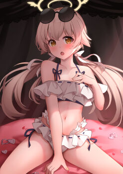 :o absurdres bare_shoulders between_legs bikini blue_archive blush brown_hair collarbone commentary daoyan eyewear_on_head fingernails floating_hair flower frilled_bikini frills hair_ornament hair_ribbon halo halterneck hand_between_legs hand_up heart hifumi_(blue_archive) hifumi_(swimsuit)_(blue_archive) highres indoors long_hair looking_at_viewer low_twintails navel off-shoulder_bikini off_shoulder official_alternate_costume on_bed open_mouth petals ribbon ribbon-trimmed_bikini ribbon_trim round_eyewear sidelighting spread_legs stomach sunflower swimsuit tareme twintails very_long_hair white_bikini white_ribbon wing_hair_ornament winged_halo yellow_eyes yellow_halo