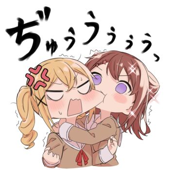 2girls anger_vein bang_dream! biting biting_cheek blonde_hair blush brown_dress commentary cone_hair_bun dress drill_hair hair_bun hair_ornament hanasakigawa_school_uniform highres ichigaya_arisa kanade_(kanade_3344) long_hair long_sleeves multiple_girls open_mouth red_ribbon ribbon sailor_collar school_uniform sidelocks simple_background sparkle star_(symbol) star_hair_ornament toyama_kasumi twin_drills white_background white_sailor_collar x_hair_ornament