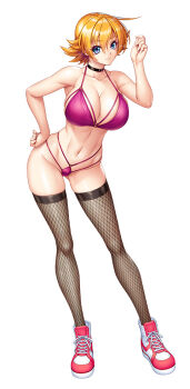1girl 2024 black_choker black_thighhighs blue_eyes bra breasts choker cleavage curvy fishnet_thighhighs fishnets g-string hand_on_own_hip igawa_sakura kagami_hirotaka large_breasts lingerie looking_at_viewer micro_panties midriff navel official_art orange_hair panties purple_bra purple_panties shiny_skin shoes short_hair smile sneakers solo spiked_hair standing taimanin_(series) taimanin_rpgx thighhighs thong underwear wide_hips