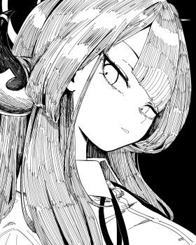 1girl absurdres aru_(blue_archive) blue_archive close-up collared_shirt greyscale halo head_tilt highres horns monochrome neophyte portrait shirt