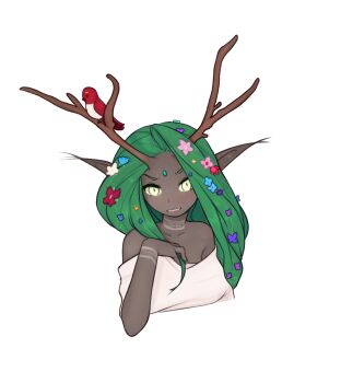 1girl 34no404 animal animal_on_head antlers bare_shoulders bindi bird bird_on_head choker colored_sclera dark-skinned_female dark_skin dress female_focus female_troll flower forehead_jewel green_eyes green_hair green_sclera hair_flower hair_ornament highres horns matching_hair/eyes off-shoulder_dress off_shoulder on_head original pointy_ears solo troll upper_body