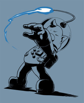 1boy big_nose blue_background blue_theme buttons closed_eyes covered_mouth fighting_stance full_body furrowed_brow gloves helmet leaning_back louie_(pikmin) monochrome naru_(wish_field) nintendo outstretched_arm pikmin_(series) pointy_ears radio_antenna shadow short_hair simple_background solo space_helmet spacesuit standing very_short_hair