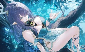 1girl absurdres antlers aqua_dress aqua_eyes aqua_nails bare_shoulders blue_butterfly breasts bug butterfly cleavage commentary deer_antlers dress english_commentary fingernails genshin_impact hair_over_one_eye hand_up highres horns insect large_breasts lauma_(genshin_impact) legs light_smile long_hair nail_polish parted_lips pointy_ears purple_hair renoahh sidelocks sitting sitting_on_branch solo thighs very_long_hair