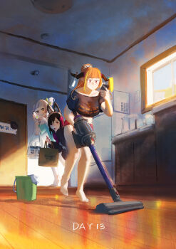 3girls alternate_costume alternate_hairstyle animal_ear_fluff animal_ears bag barefoot black_hair blunt_bangs borrowed_character bow boyshort_panties breasts bucket cabinet caption casual cellphone charm_(object) cleaning clothes_pin clothes_writing collarbone comic crop_top cup day dragon_horns drying drying_clothes english_text fox_ears fuschia_(yaman) green_eyes grin hair_bow highres hololive horns indoors key kiryu_coco kitchen large_breasts long_hair looking_at_another looking_at_phone mole mole_under_eye monster_girl mug multicolored_hair multiple_girls mundane_utility murasaki_shion nail_polish no_tail off-shoulder_shirt off_shoulder orange_hair original phone pitcher_(container) pointy_ears profanity red_eyes refrigerator shirt shopping_bag silent_comic silver_hair slice_of_life smartphone smile sneaking streaked_hair striped_bow tareme thighs vacuum_cleaner very_long_hair virtual_youtuber wash_cloth wooden_floor ye_fan