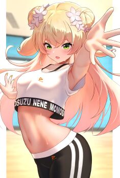 1girl absurdres black_pants blonde_hair blush breasts character_name clothes_writing commentary_request cropped_shirt double_bun flower green_eyes hair_bun hair_flower hair_ornament highres hololive hololive_dance_practice_uniform looking_at_viewer marishia_holo medium_breasts momosuzu_nene navel official_alternate_costume open_mouth pants solo virtual_youtuber yellow_nails