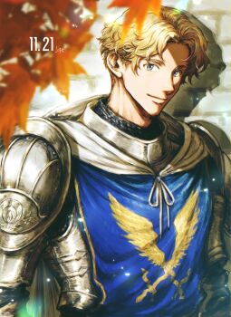 1boy 7wo5 armor autumn_leaves blonde_hair blue_eyes blurry blurry_foreground closed_mouth commentary_request crick_(octopath_traveler) dated highres knight leaf male_focus octopath_traveler octopath_traveler_ii pauldrons short_hair shoulder_armor smile solo