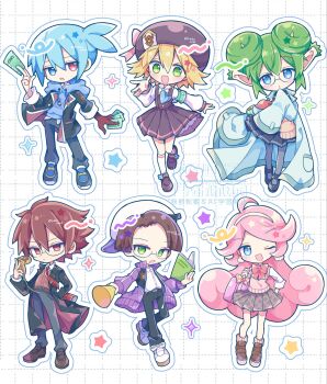 3boys 3girls :d :o ;d ahoge amitie_(puyopuyo) black_pants black_shoes black_skirt blonde_hair blue_eyes blue_hair blue_hoodie blush book bow bowtie brown_hair brown_shoes brown_skirt brown_sweater card cardigan closed_mouth commentary_request donut_hair_bun double-parted_bangs double_bun drawstring forehead full_body futaba969649 glasses gloves green_eyes green_hair grey_pantyhose grid_background hair_between_eyes hair_bun hairband hand_up hat heterochromia highres holding holding_book holding_card hood hood_down hoodie klug_(puyopuyo) kneehighs lab_coat lidelle_(puyopuyo) long_hair long_sleeves looking_at_viewer multiple_boys multiple_girls neckerchief necktie one_eye_closed open_cardigan open_clothes open_mouth orange_bow outline pants pantyhose parted_bangs parted_lips pink_hair pink_socks pink_sweater_vest pleated_skirt pointy_ears polka_dot polka_dot_bow purple_cardigan puyopuyo raffina_(puyopuyo) red_bow red_bowtie red_eyes red_gloves red_neckerchief red_necktie ribbed_socks sailor_collar shirt shoes short_hair sig_(puyopuyo) single_glove skirt sleeves_past_fingers sleeves_past_wrists smile socks sparkle standing star_(symbol) strange_klug sweater sweater_vest watermark white_background white_hairband white_hat white_outline white_sailor_collar white_shirt white_shoes white_socks