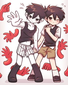 2boys absurdres antenna_hair black_shoes black_shorts black_socks black_sweater_vest black_tank_top blush bright_pupils brown_shorts closed_mouth collarbone collared_shirt colored_skin commentary double-parted_bangs dual_persona english_commentary flying_sweatdrops hair_between_eyes highres kneehighs male_focus multiple_boys navel omori omori_(omori) one_eye_closed setosexual shirt shoes short_hair short_sleeves shorts socks striped_clothes striped_shorts sunny_(omori) sweater_vest tank_top two-tone_shorts vertical-striped_clothes vertical-striped_shorts white_pupils white_shirt white_shorts white_skin white_socks