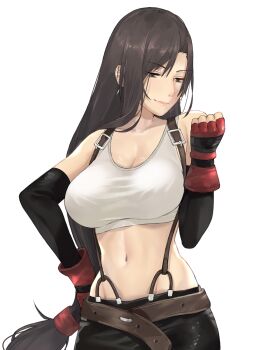 1girl belt black_hair breasts collarbone crop_top elbow_gloves female_focus final_fantasy final_fantasy_vii fingerless_gloves gloves hand_on_own_hip highres j@ck large_breasts long_hair looking_to_the_side low-tied_long_hair navel simple_background sleeveless smile solo square_enix stomach tank_top tifa_lockhart toned white_background