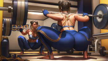 1girl abs ass azuma_yasuo barbell barefoot black_hair breasts capcom chun-li double_bun dumbbell exercising fingerless_gloves gloves gym hair_bun hair_ribbon highres looking_at_mirror mirror muscular muscular_female pants reflection ribbon solo squatting stirrup_legwear street_fighter strong thermos toeless_legwear unworn_footwear weightlifting weights workout_clothes yellow_ribbon yoga_pants