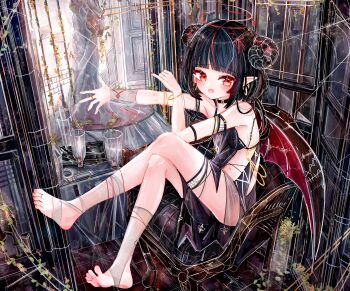 1girl a1u absurdres barefoot black_hair black_horns demon_girl demon_horns demon_wings earrings feet halo highres horns jewelry looking_at_viewer no_shoes open_mouth original pointy_ears red_eyes red_hair red_halo red_wings revision silk soles solo spider_web stirrup_legwear toeless_legwear toes wings