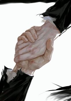 2boys 521jie black_hair fingernails getou_suguru gojou_satoru hand_focus highres holding_hands jujutsu_kaisen long_hair long_sleeves male_focus multiple_boys simple_background torn_clothes white_background