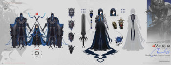 1girl absurdly_long_hair absurdres age_comparison armor black_dress black_hair blue_eyes breasts clawed_gauntlets colored_inner_hair couter cropped_head crown dress exposed_bone expressionless full_body gebijiade_89 hair_over_one_eye highres long_hair looking_at_viewer medium_breasts multicolored_hair multiple_views one_eye_covered original pauldrons reference_sheet scar scar_on_face shoulder_armor single_pauldron single_rerebrace skull spiked_pauldrons spikes undead very_long_hair