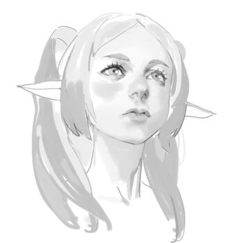 Rule 34 | 1girl, elf, frieren, grey outline, greyscale, head only, looking to the side, meme, michaelcty, monochrome, neck, outline, pointy ears, portrait, realistic, solo, sousou no frieren, twintails, upward angle frieren drawing (meme)