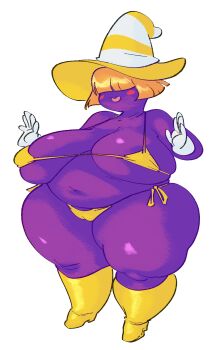 1girl absurdres belly big_belly bikini bikini_bottom bikini_top boots bra breasts colored_skin fat fat_belly fat_woman female_focus full_body hat highres huge_breasts marilyn_(mario) mario_(series) nintendo obese obese_female overweight_female paper_mario paper_mario:_the_thousand-year_door purple_skin shadow_siren slb string_bikini swimsuit underwear witch_hat yellow_bra yellow_footwear
